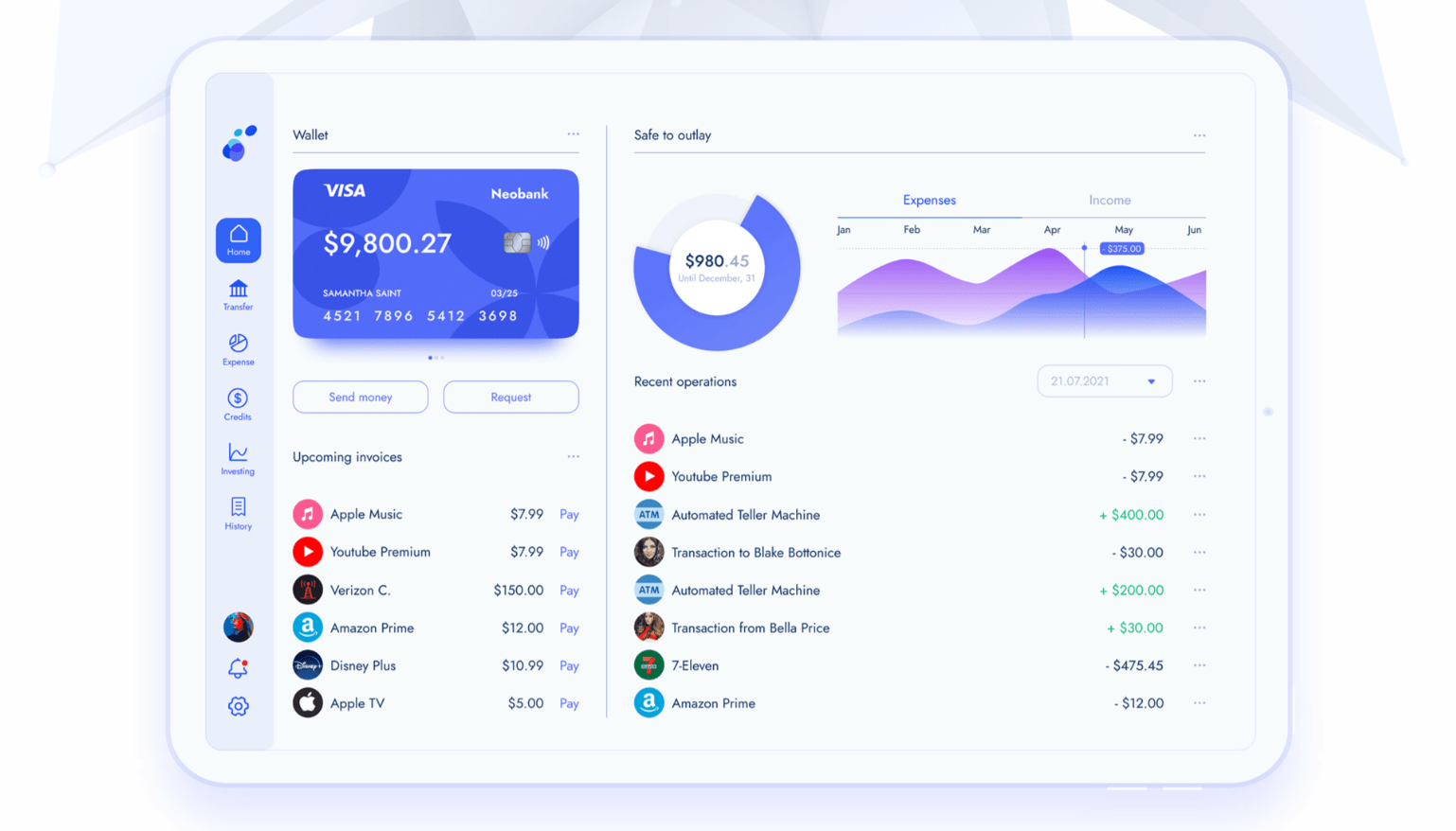 bank dashboard ui showing wallet and recent operations
